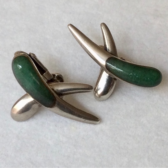 Sigi Pineda Silver & Nephrite Jade Clip Earrings - Stamped - circa 1950s - Picture 1 of 8